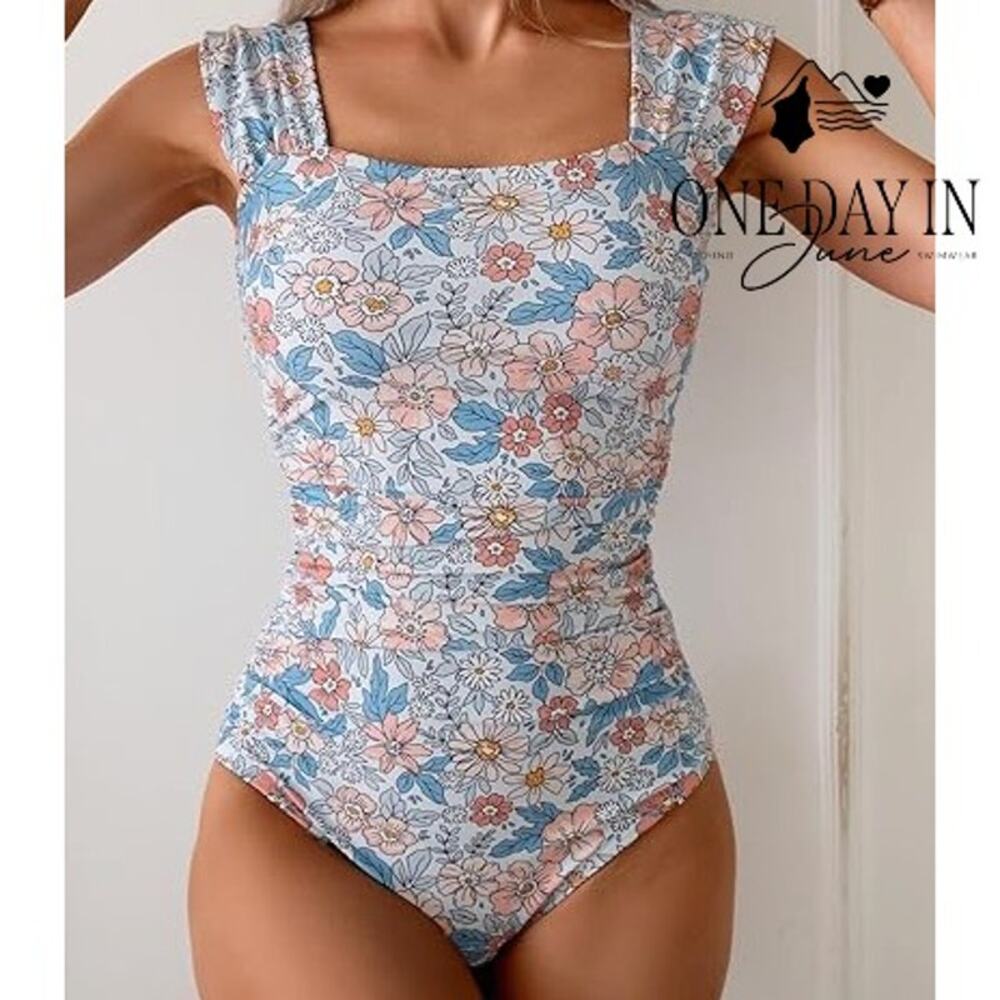 Eomenie Ruffle Shoulder Tummy Control One Piece Swimsuit Size S